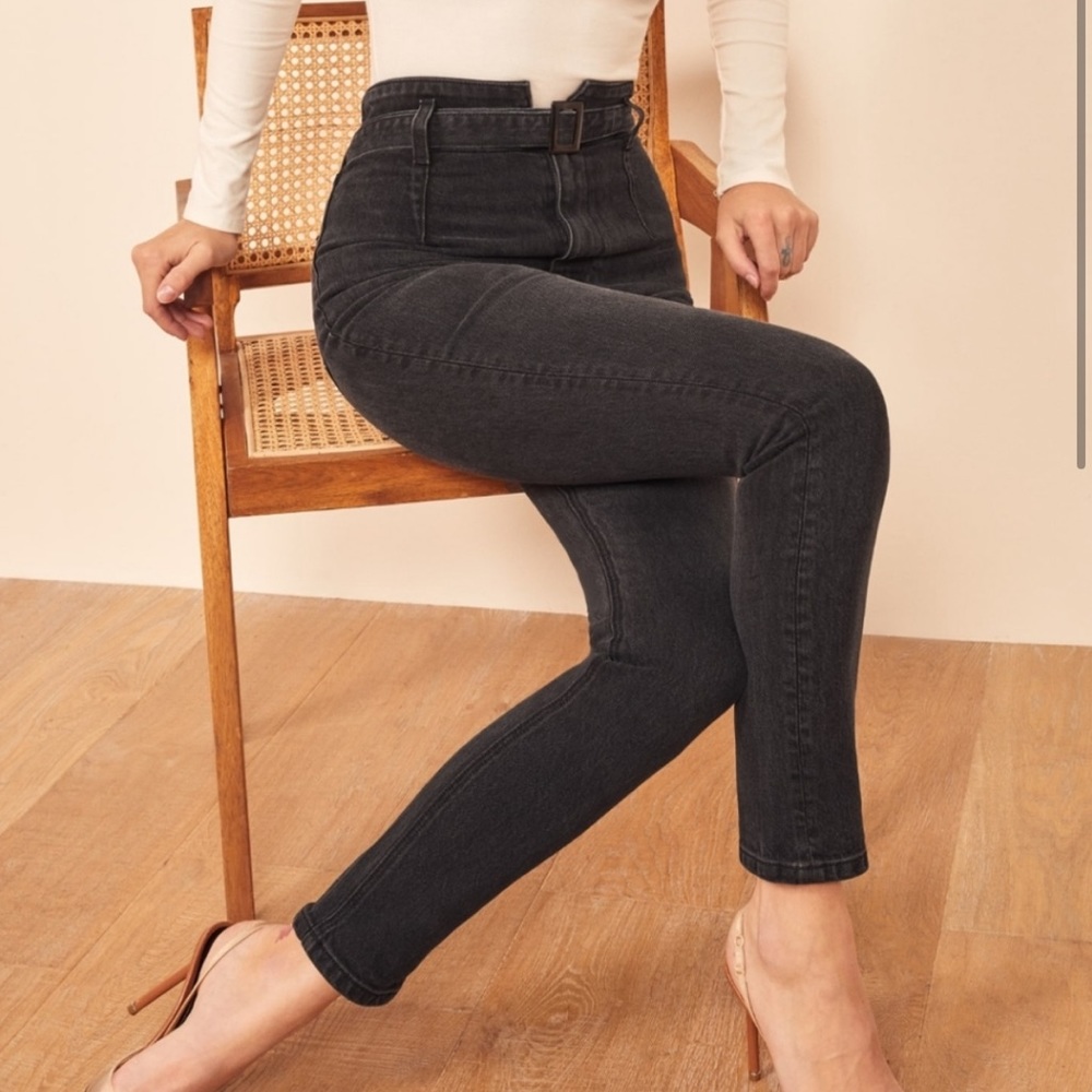 Reformation Kayo Black/Charcoal High Waist Skinny Jeans with Belt EUC